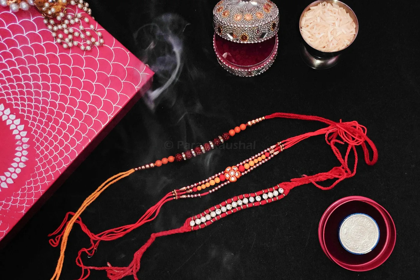 Festive beauty prep flat lay with makeup and accessories