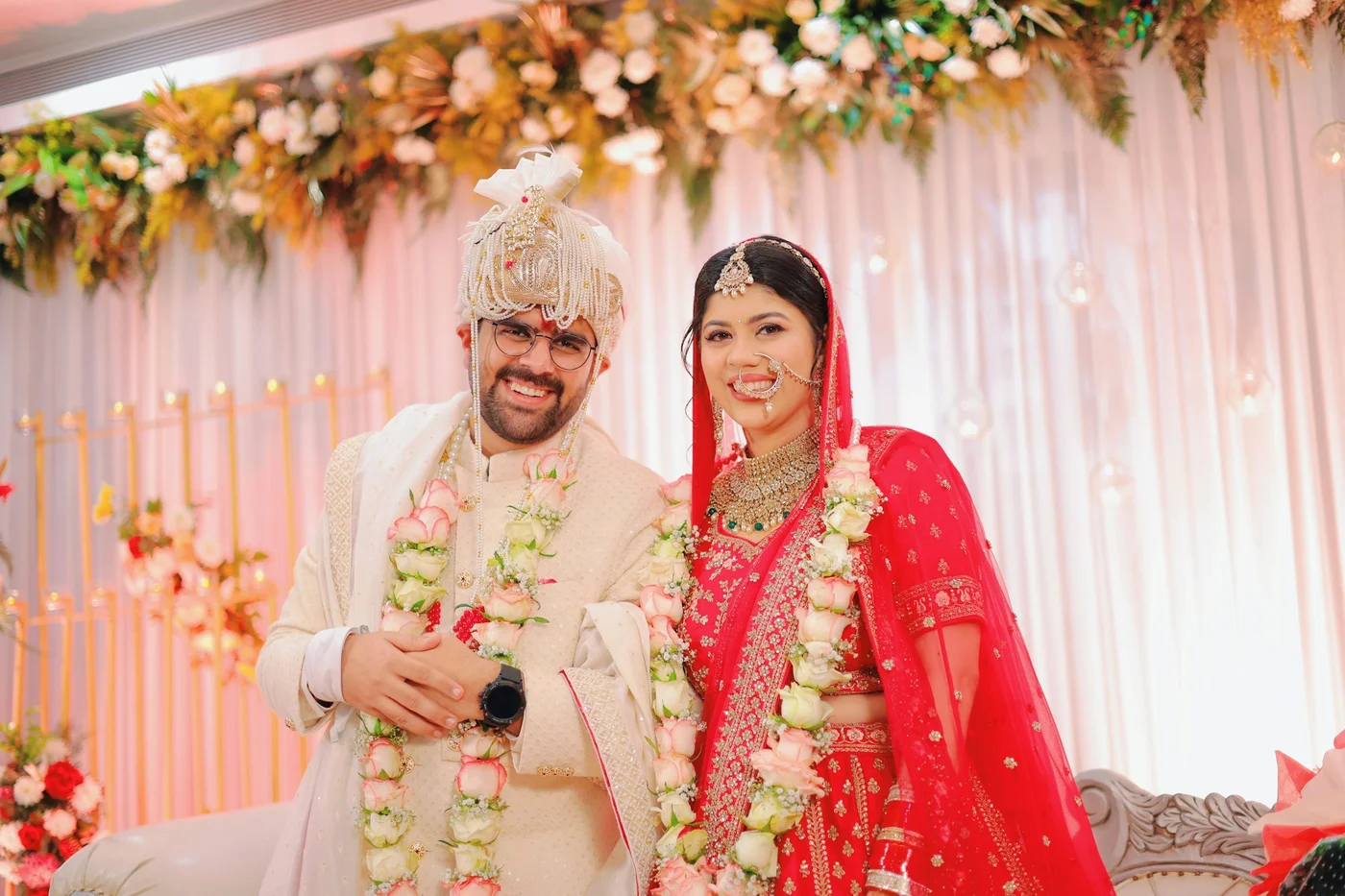 Newlyweds at a wedding reception celebration